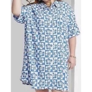Ascot And Hart Large Blue Checkered Hawaiian Floral Button Down Dress NWOT